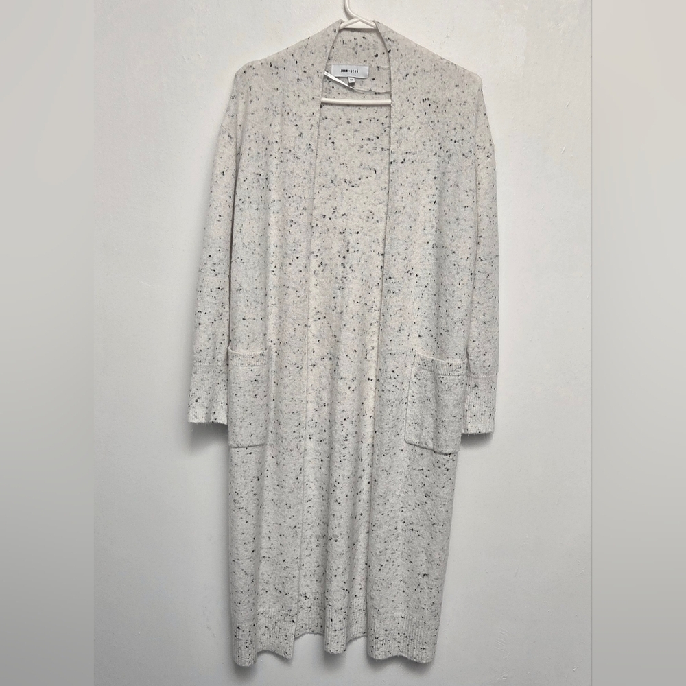 John + Jenn Sz Small Cream Knit  Speckled Open Pocket Longline Cardigan Sweater